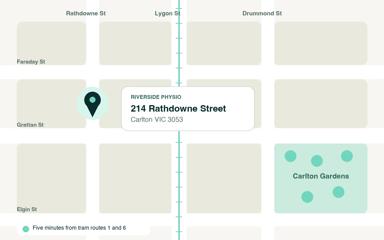Static Carlton map showing Riverside Physio at 214 Rathdowne Street, Carlton VIC 3053